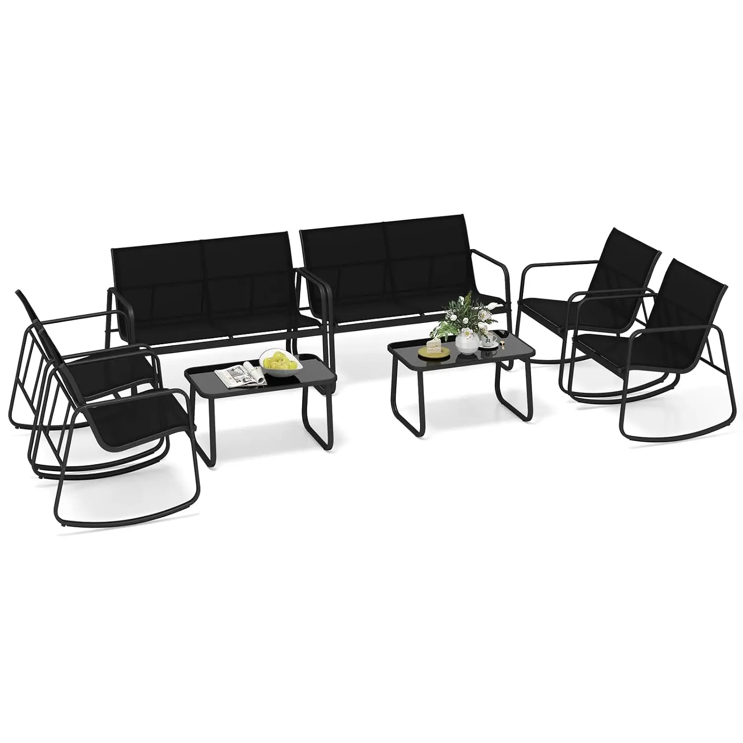 8-Piece Outdoor Rocking Patio Set With 4 Chairs 2 Loveseats & 2 Glass Tables For Porch Balcony Poolside Garden, Customized