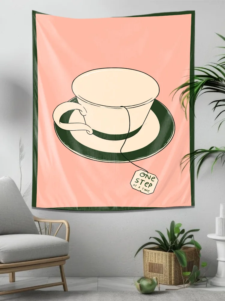 Tea Cup One Step At A Time Wall Tapestry Machine Washable All Season Decor Print Minimalist Design Home  non-toxic material