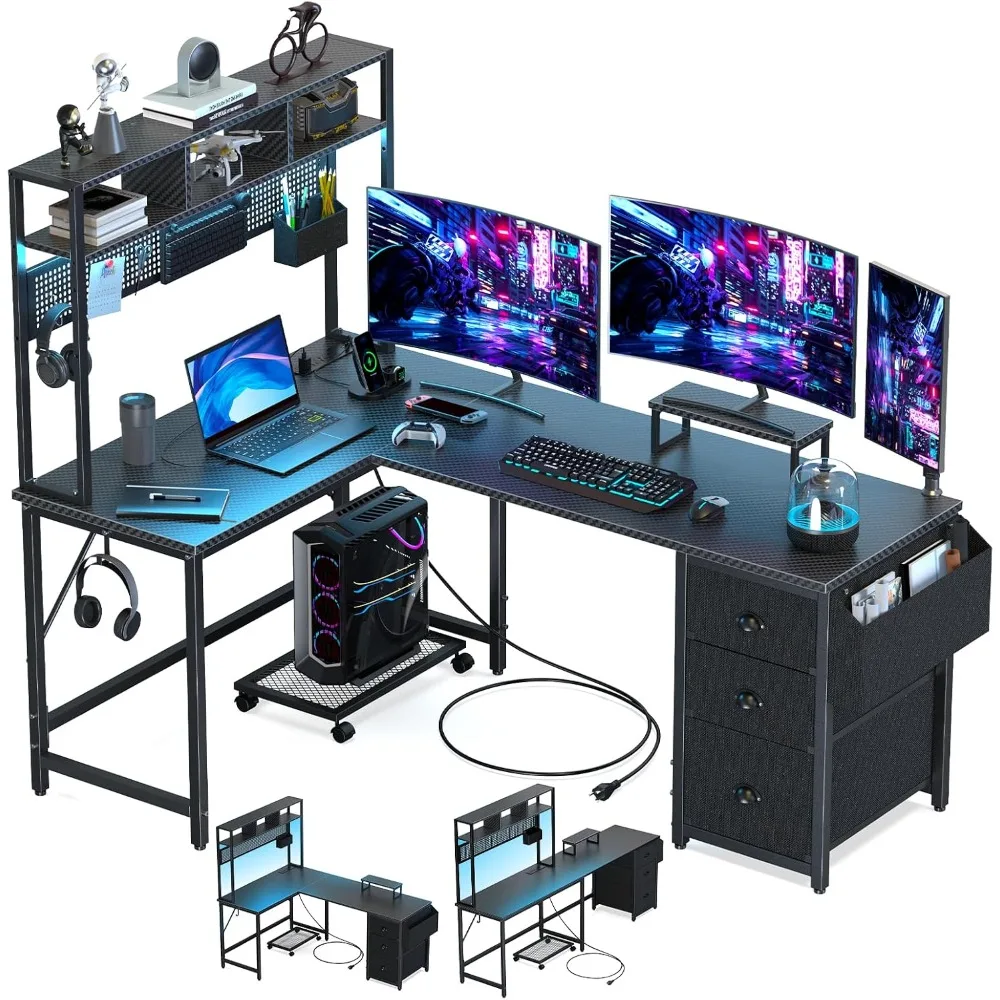 

Gaming Computer Desk with Pegboard and Shelves Large L Shaped Desk with Drawers, Gaming Desk with Power Outlet & LED