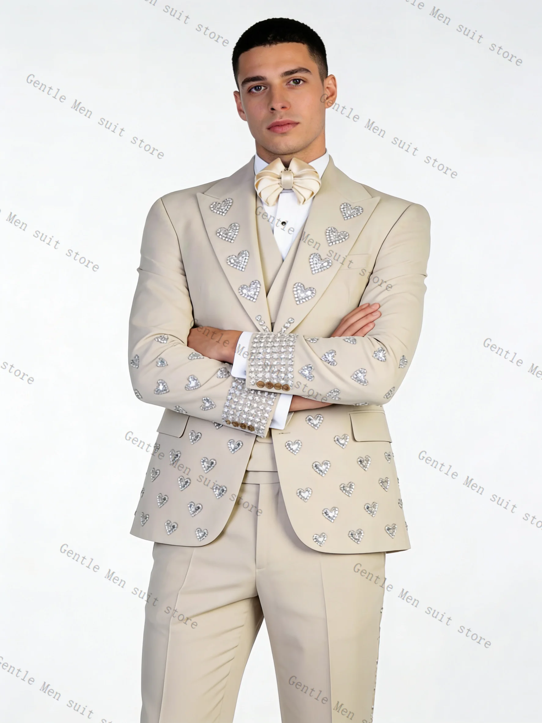 

Luxury Crystals Beige Men Suit Set 2 Pcs Blazer+Pants Trousers Wedding Tuxedo Formal Office Business Jacket Coat Customized