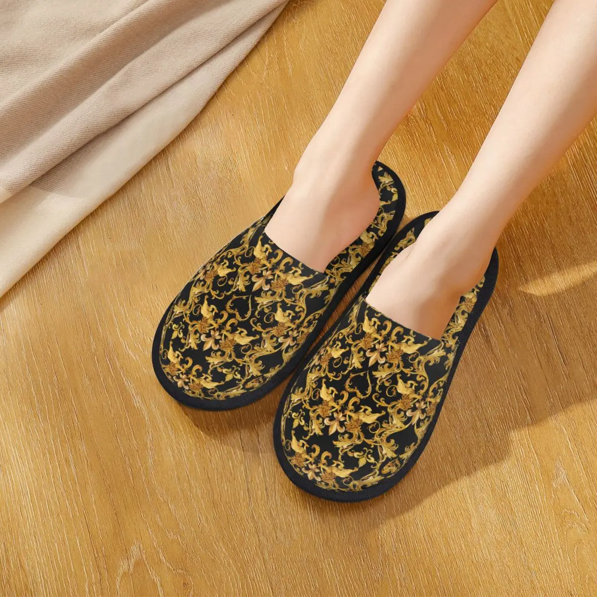 Winter House Cotton Shoes Slippers Golden Arabesque Lion Household Fur Slides Bedroom Luxury Damask Baroque Slippers   Anti-skid