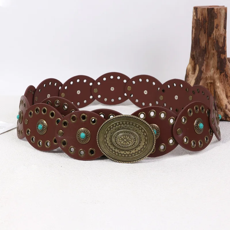 Women's Rhinestone Decor Round Patchwork Belt Ethnic Inspired Waist Chain with Eyelet Holes for Daily Wear