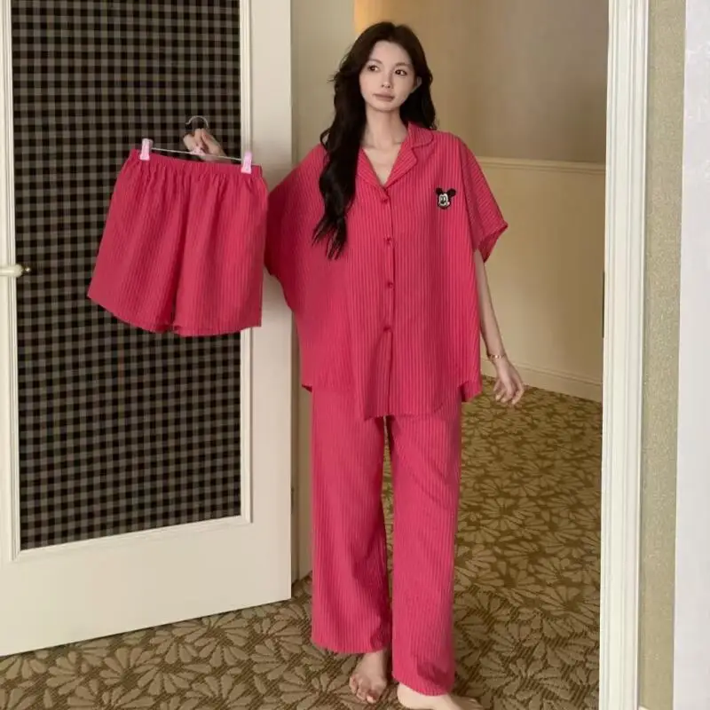 

Комплект пижамы из 3 предметов с вышивкой Микки, розовые полосы, свободный крой, мягкая комфортная ткань, повседневный стиль Y2K, для дома и сна