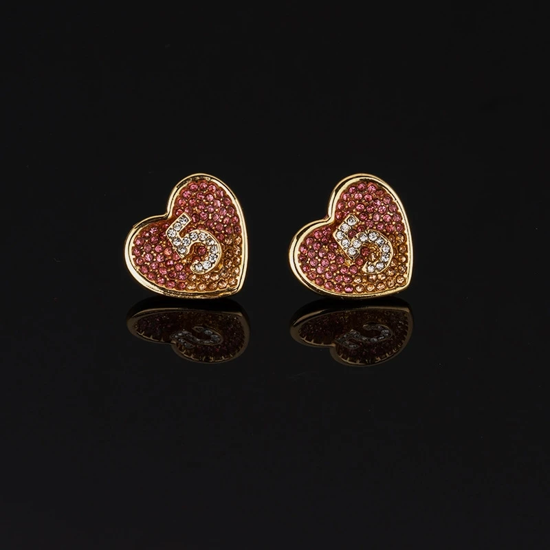 

Fashion CC Style Pink Gemstone 5 Letter Heart Zircon CZ Ear Stud Simple Earrings Silver Rhinestone Arabic Number Initial Jewelry