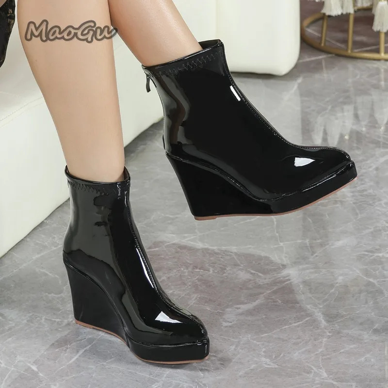 British Style Patent Leather Burgundy Short Boots Pointed Toe Women's Wedge Platform Chunky High Heel Shoes Fashion Footwear