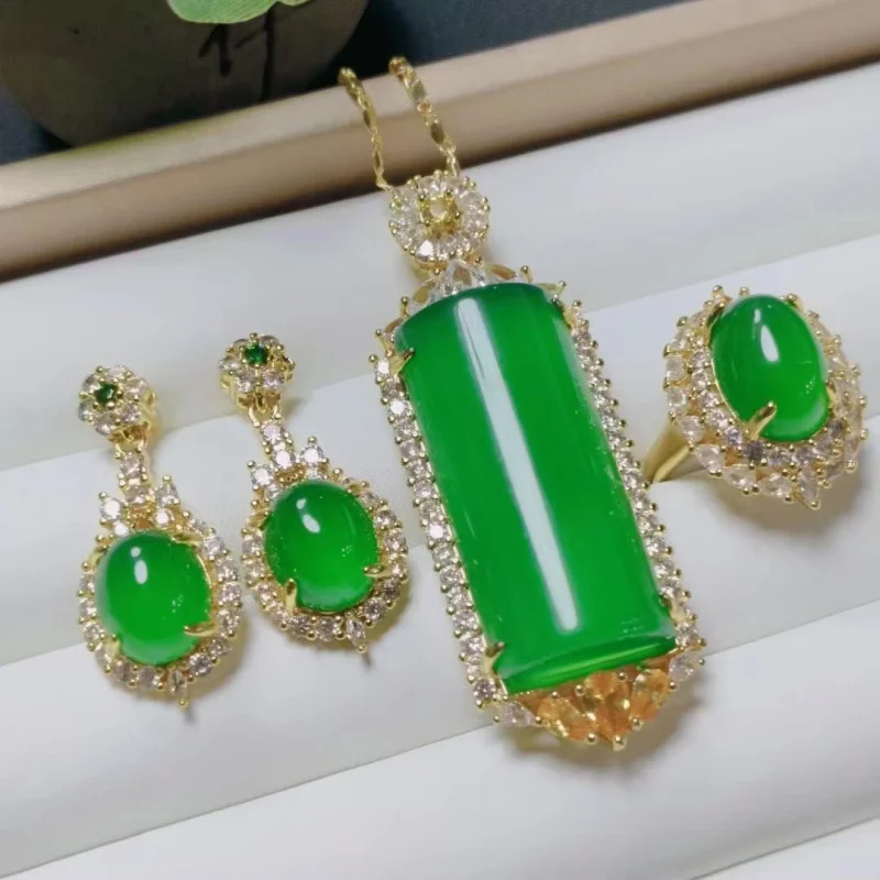 Ring Earrings Three-Piece Set Copper Base Plated Inlaid Green Chalcedony Gold Color Jade Pendant