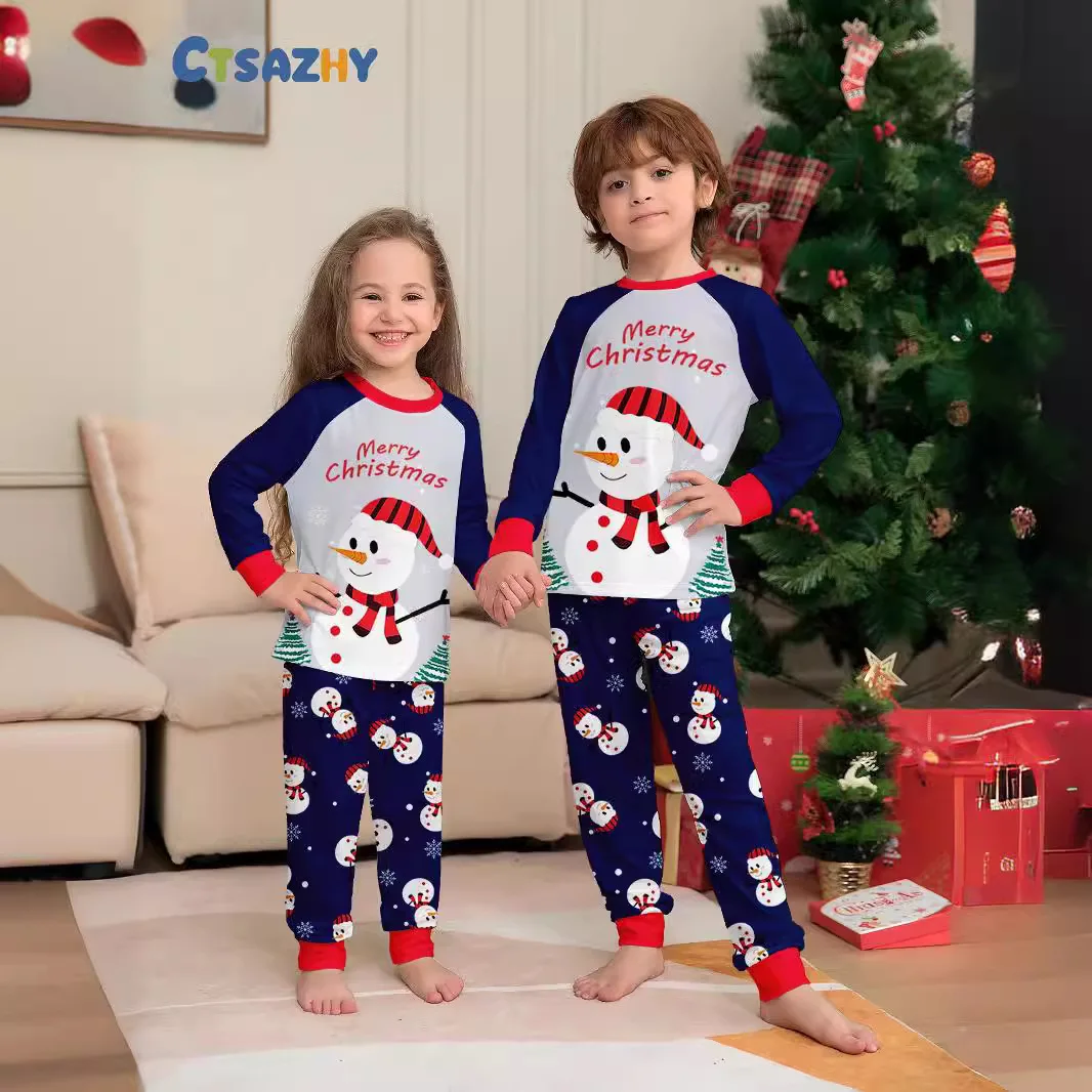 

New Year Autumn and Winter 2025 New snowman family Christmas home wear cartoon family Christmas pajamas for a family of three