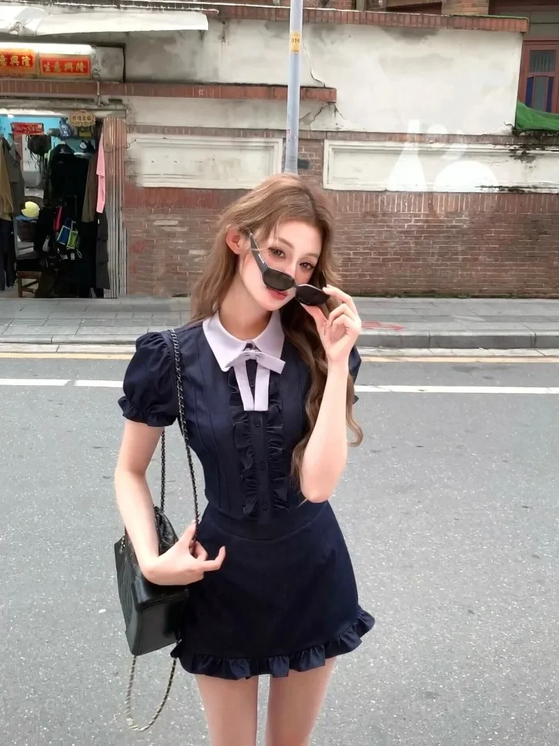 

Academy Sweet Bubble Sleeves Shirt Skirt Two Piece Set Women Polo Neck Ruffled Bow Korean Fashion Slim Summer Gentle Chic Suit