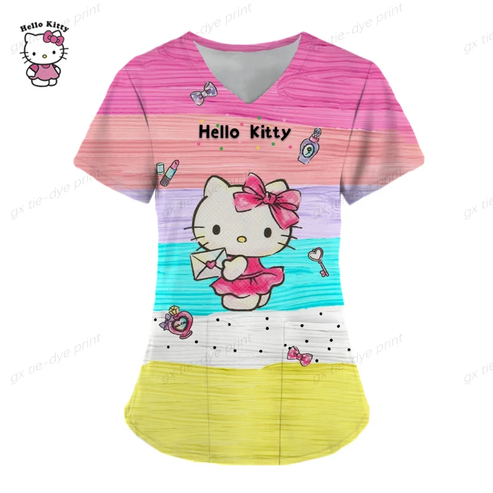 Uniforme da infermiera alla moda da donna, casual, manica corta, Hello Kitty, uniforme da lavoro, tasca, top, uniformi mediche infermieristiche