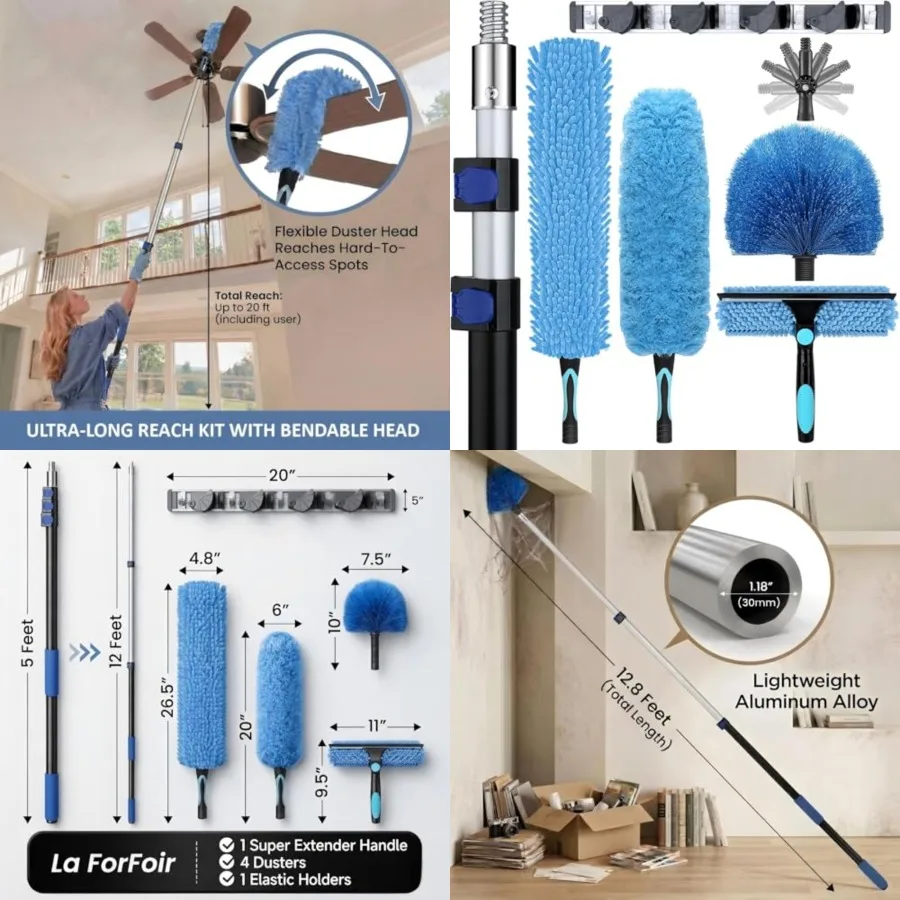 

20Feet High Ceiling Duster Kits with 5- Heavy Duty Extension Pole - Fan Blade Cleaner, Cobweb Remover Blue Window Squeegee Kit,