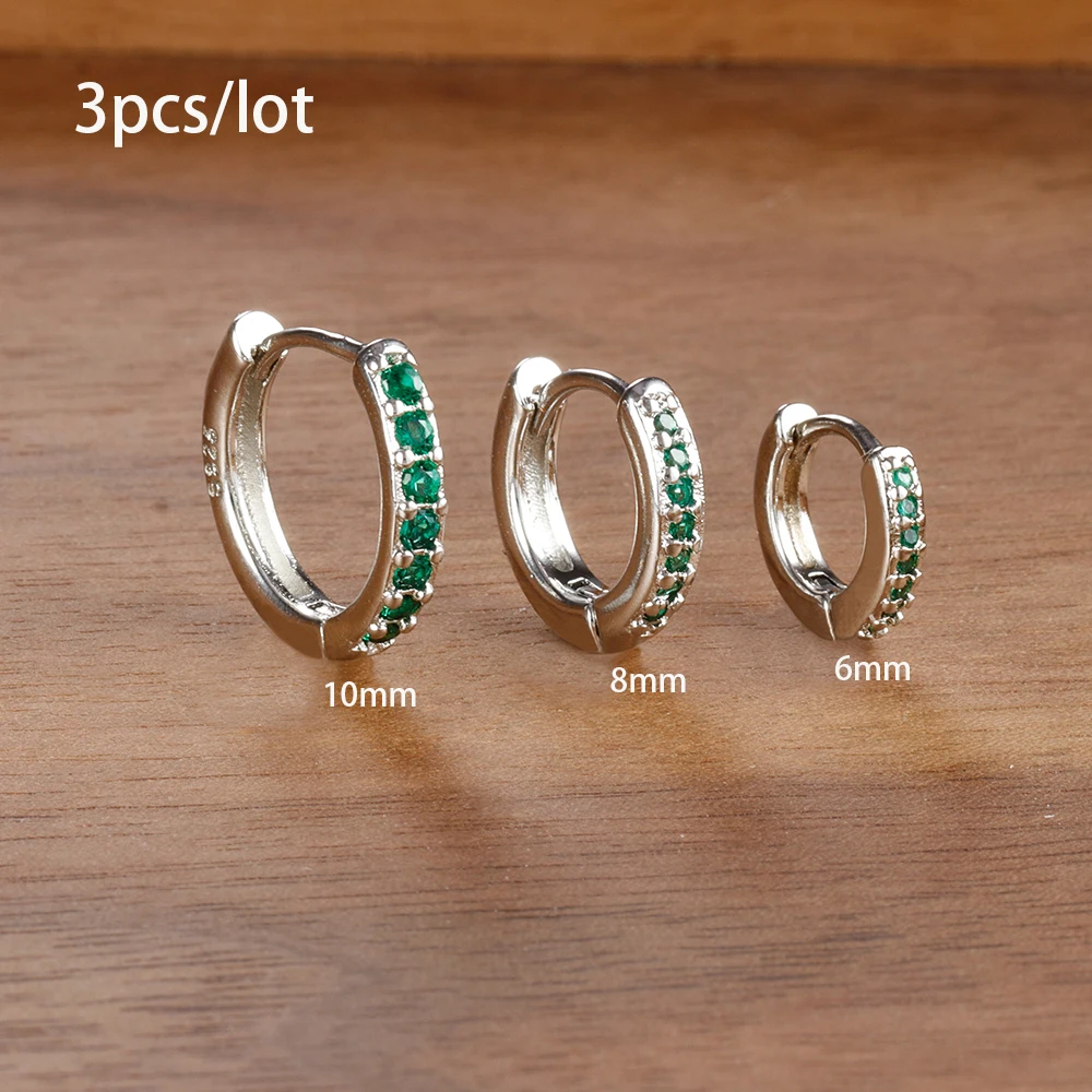 3pc Set Simple Stainless Steel Crystal Small Hoop Earrings