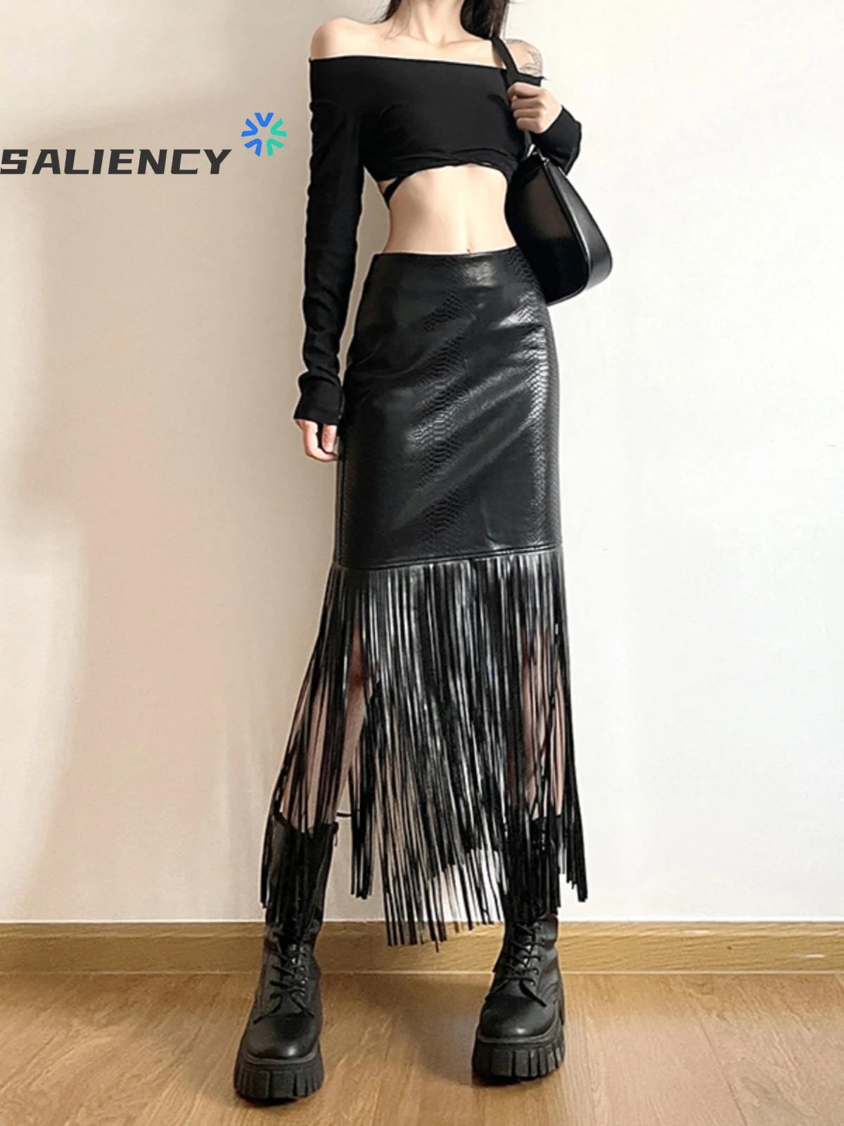

SALIENCY Spring Faux Leather Long Tassel Skirt Women Black High Street Decoration Fringe Skirts Female Y2k 2025