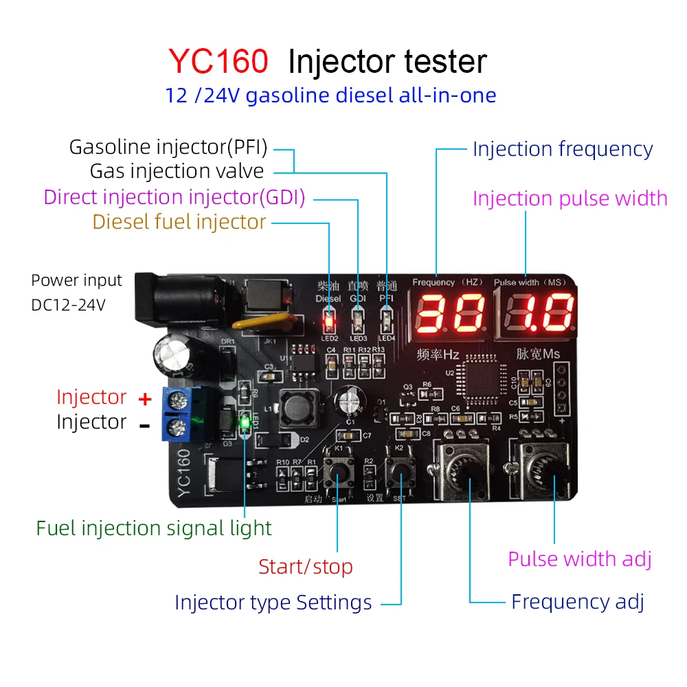 YC160 Auto Truck Car Diesel Petrol Injector Tester Test Frequency Pulse Width 12-24V with Drive Testing Clean Rich Function