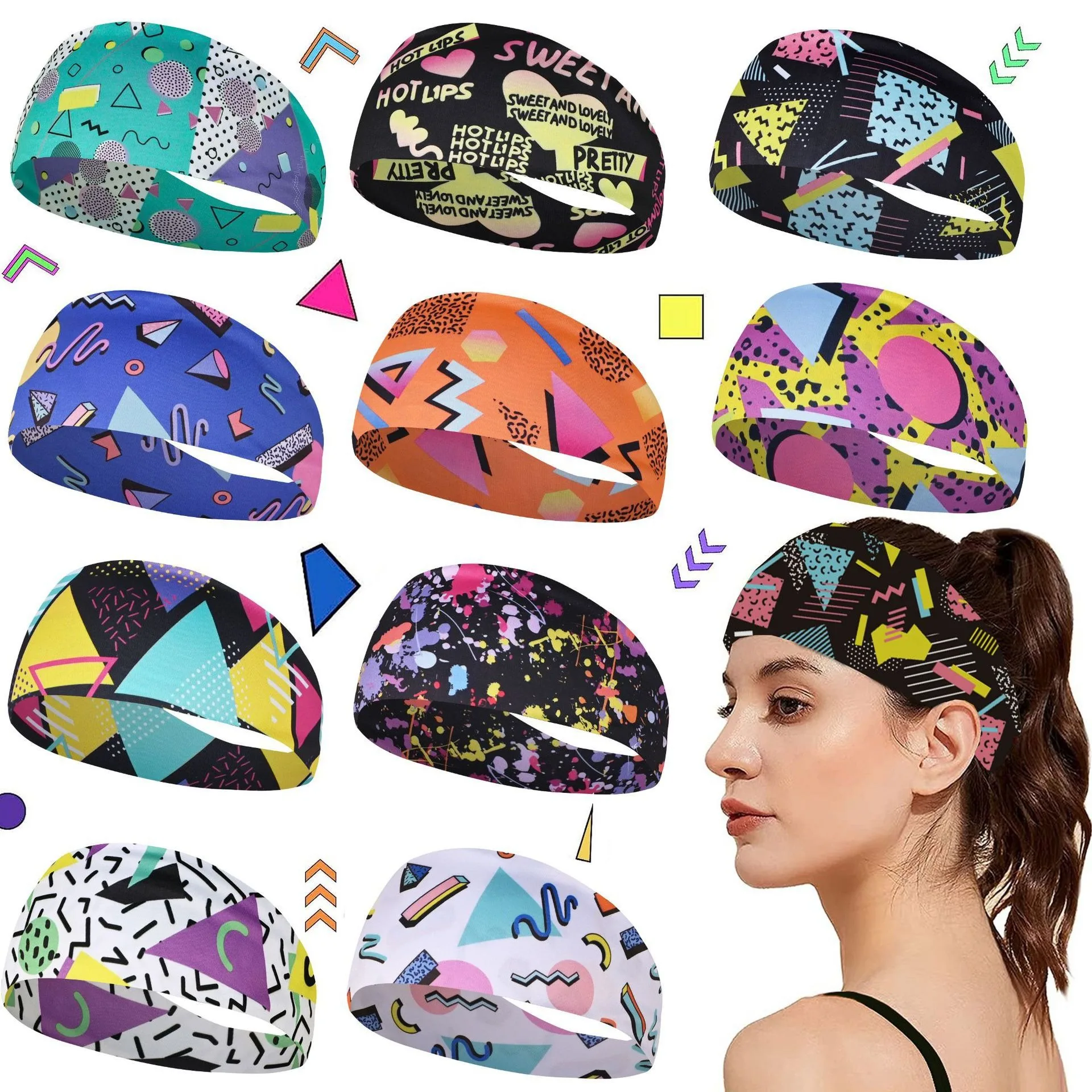 Retro Fashion Print Sweat Absorbent Breathable Yoga Running Fitness Sports Hair Ties Headbands for Travel Party