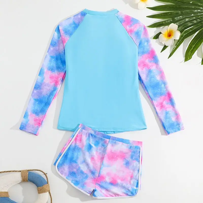 New Girl's Swimwear Teen Girl Trendy Tie-Dye Long Sleeve Two-Piece Swimsuit Adolescent Trendy Sun Protection Bathing Suit 13-16Y