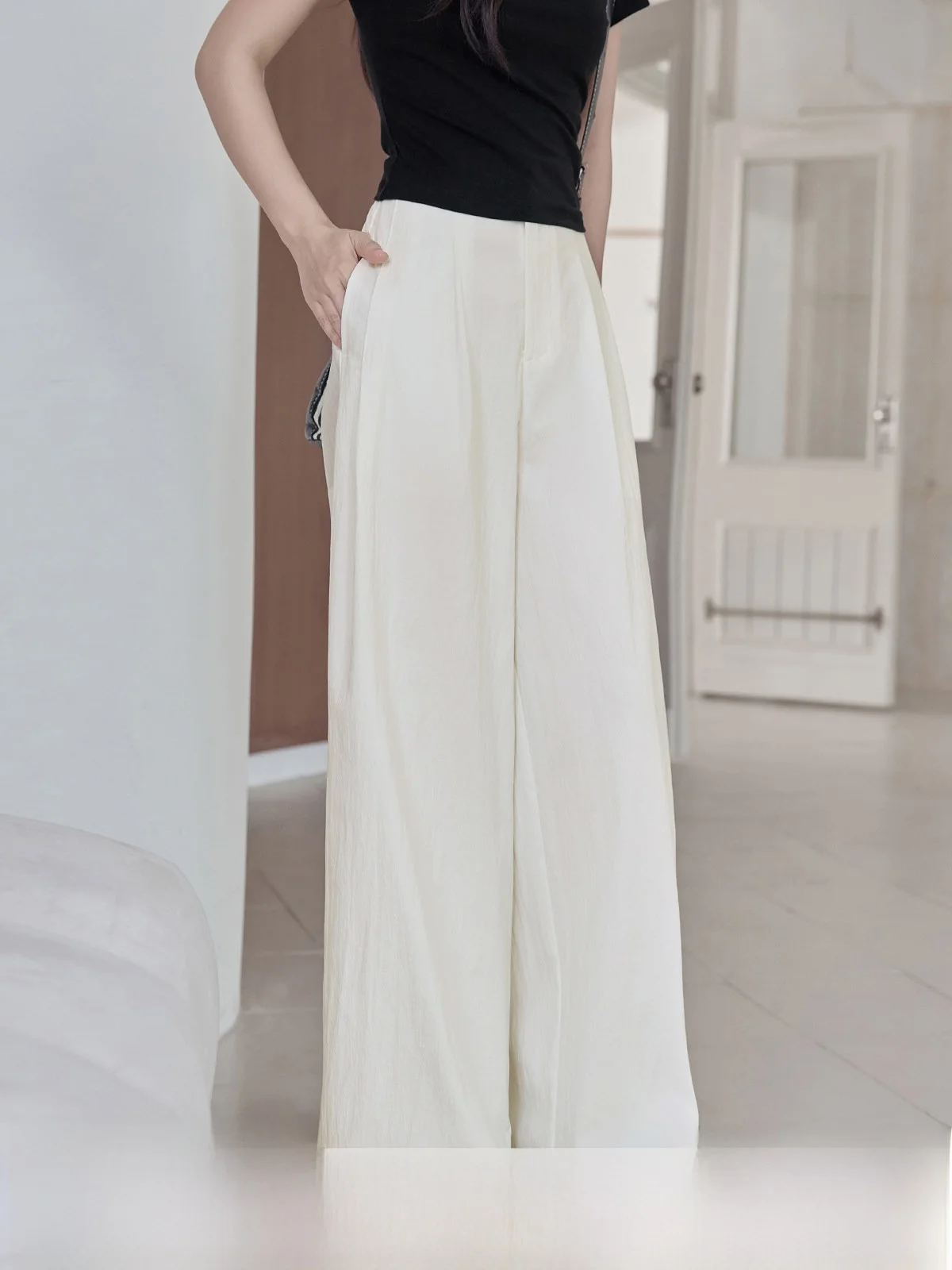 

High Waist Pleated Design White Casual Pants Women's Summer New Style HUIXI Drawstring Wide Leg Long Trousers Korean Style