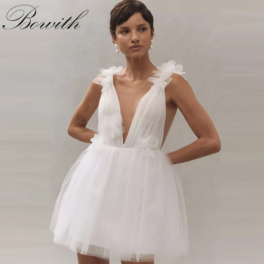 

Bowith Short Wedding Dresses Deep V-Neck Sleeveless Tulle Mini Wedding Dresses 3D Flower Wedding Party Dress vestidos de novia