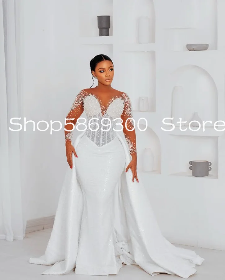 Sparkly Mermaid Church African Wedding Dresses with Detachable Train Pearls Beaded Long Sleeve Bridal Gown Outfit Customsized