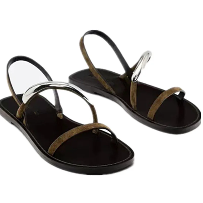 Withered 2026 Summer Minimalist Genuine Leather Sandals For Women, French Fashion Cowhide Suede Patchwork Flat Sandals Women