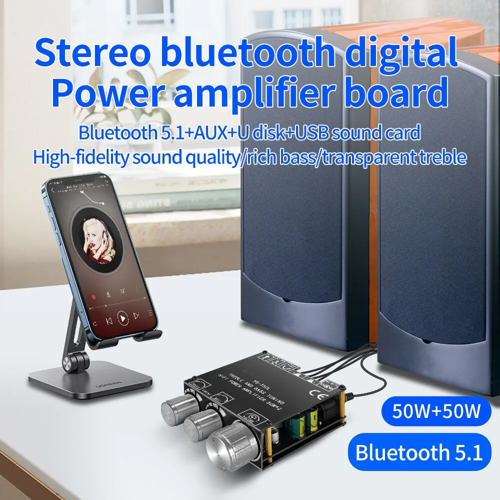 Bluetooth 5.0 2x50w hifiパワーサブウーファーアンプボードステレオデジタルオーディオパワーアンプaux usb t50lアプリ