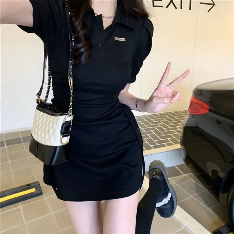 Black Short Sleeve Mini Women's Dresses New Features Of Clothing One-piece Trendy Elastic Fashion Summer  Kpop Female Dress