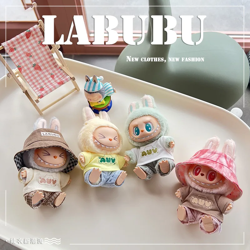 

For 17cm Labubu Clothes Accessories Fashion Doll Clothes Dolls Casual checkered overalls labubu cloth for baby clothes Gift