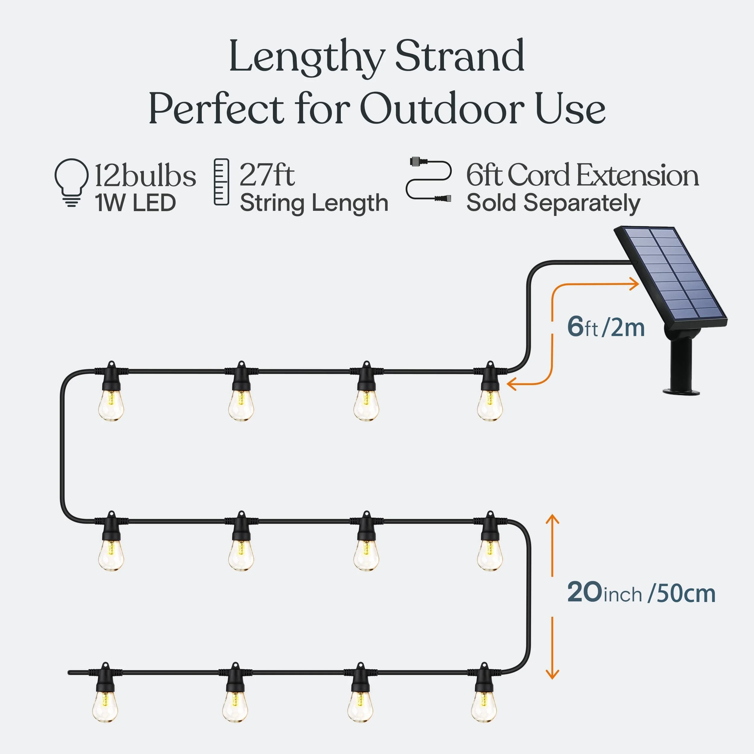 Imagem -03 - Solar Powered Outdoor String Lights Impermeável Shatterproof S14 Lâmpadas para Exterior Quintal Varanda 27 Pés 12 Led Categoria Comercial