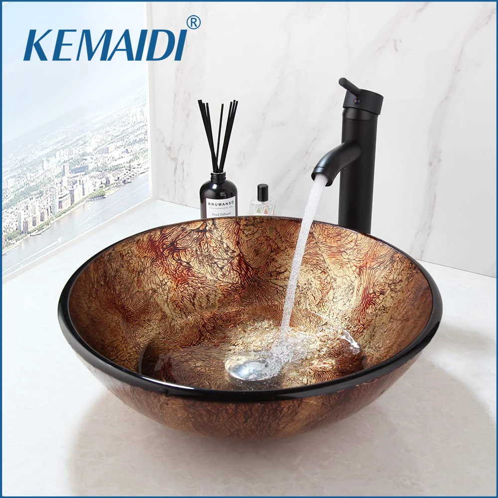 

KEMAIDI Vessel Sink With Faucet Drain Combo Tempered Glass 17 Inch Round Basin Brown Bathroom Bowl Sinks Above Counter Sink
