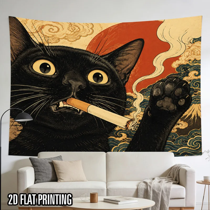 Dramatic Black Cat Gangster Tapestry Wall Hanging Pop Art Illustration Vintage Cigarette Decor for Living Room Home Accent