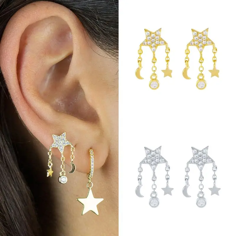 925 Sterling Silver Ear Needle Cute Style Earrings With Zircon Sun Moon/Star Five-pointed Star Women's Light Luxury Accessories