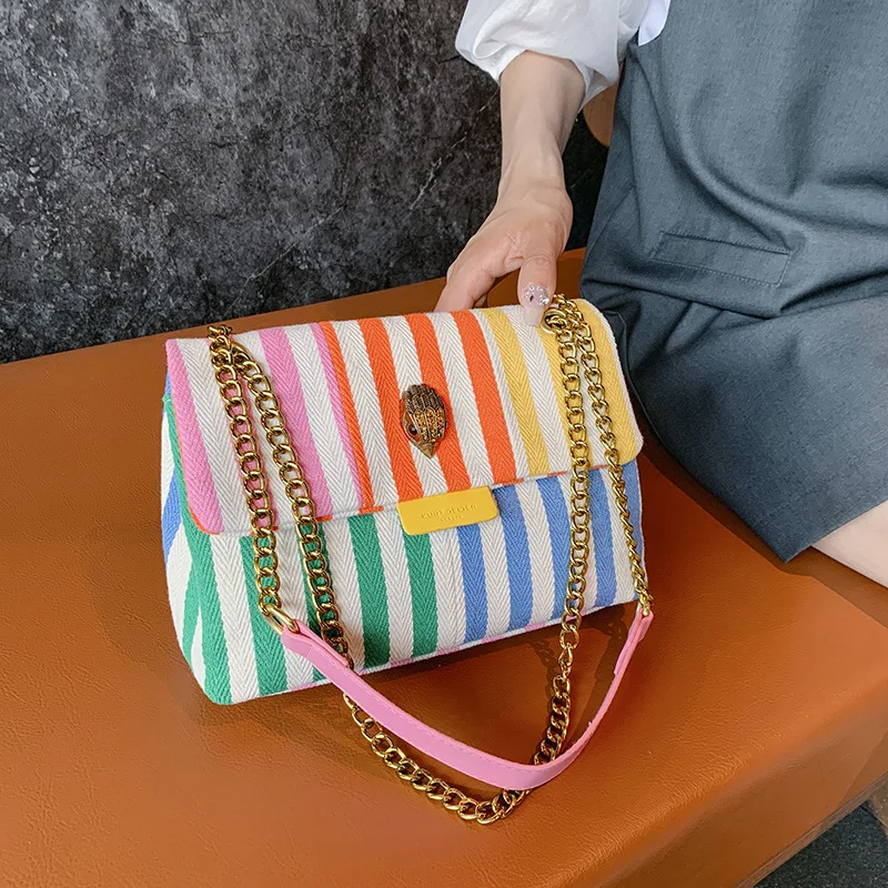 

KURT GEIGER LONDON Casual Canvas Multi-color Striped Square Bag Retro Chain Shoulder Eagle Head Women'sBag