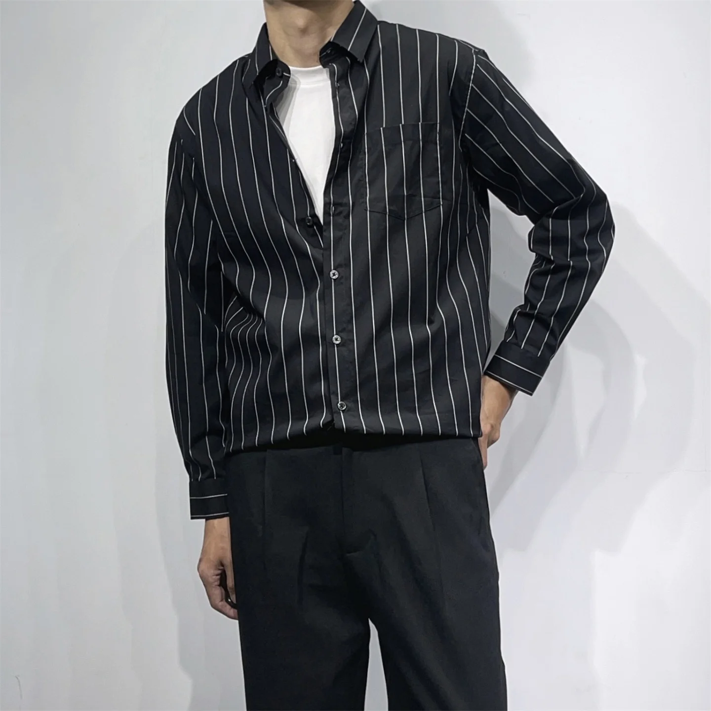 

Мужская хлопковая рубашка-куртка Dolcha Homme в полоску, эластичная, свободного кроя, с длинным рукавом, воротником-стойкой, защита от сминания, для молодежи