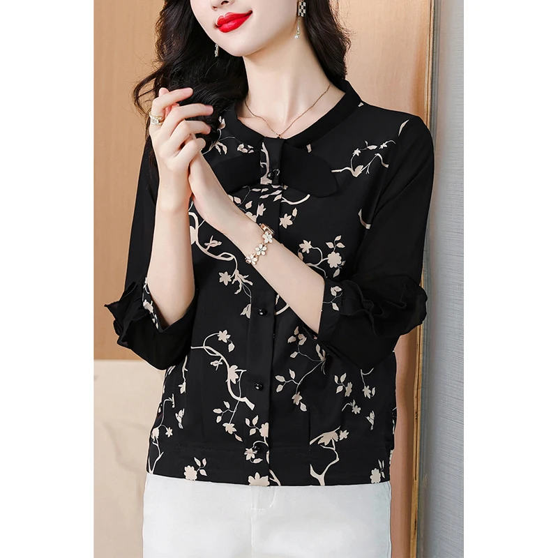 Women\'s Korean Fashion Print Ruffle Bow Elegant Blouse Office Lady Casual Chic Chiffon Shirt Spring Summer 3/4 Sleeve Slim Tops