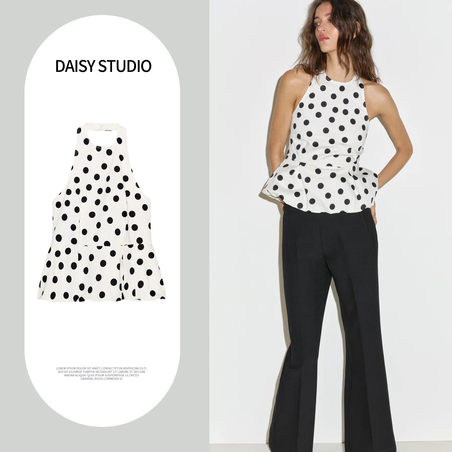 

Spring New Women's Design Sense Hanging Ne Bal Polka Dot Balloon Sle Top French Sle Loose Fit ort Sve irt