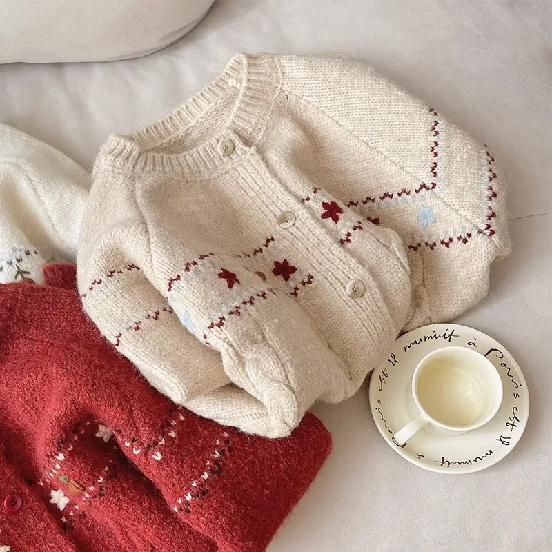 Women Cable Knit Cardigan Round Neck Fruit Floral Embroidery Long Sleeve Button Loose Warm Sweater Coat Autumn Knitwear