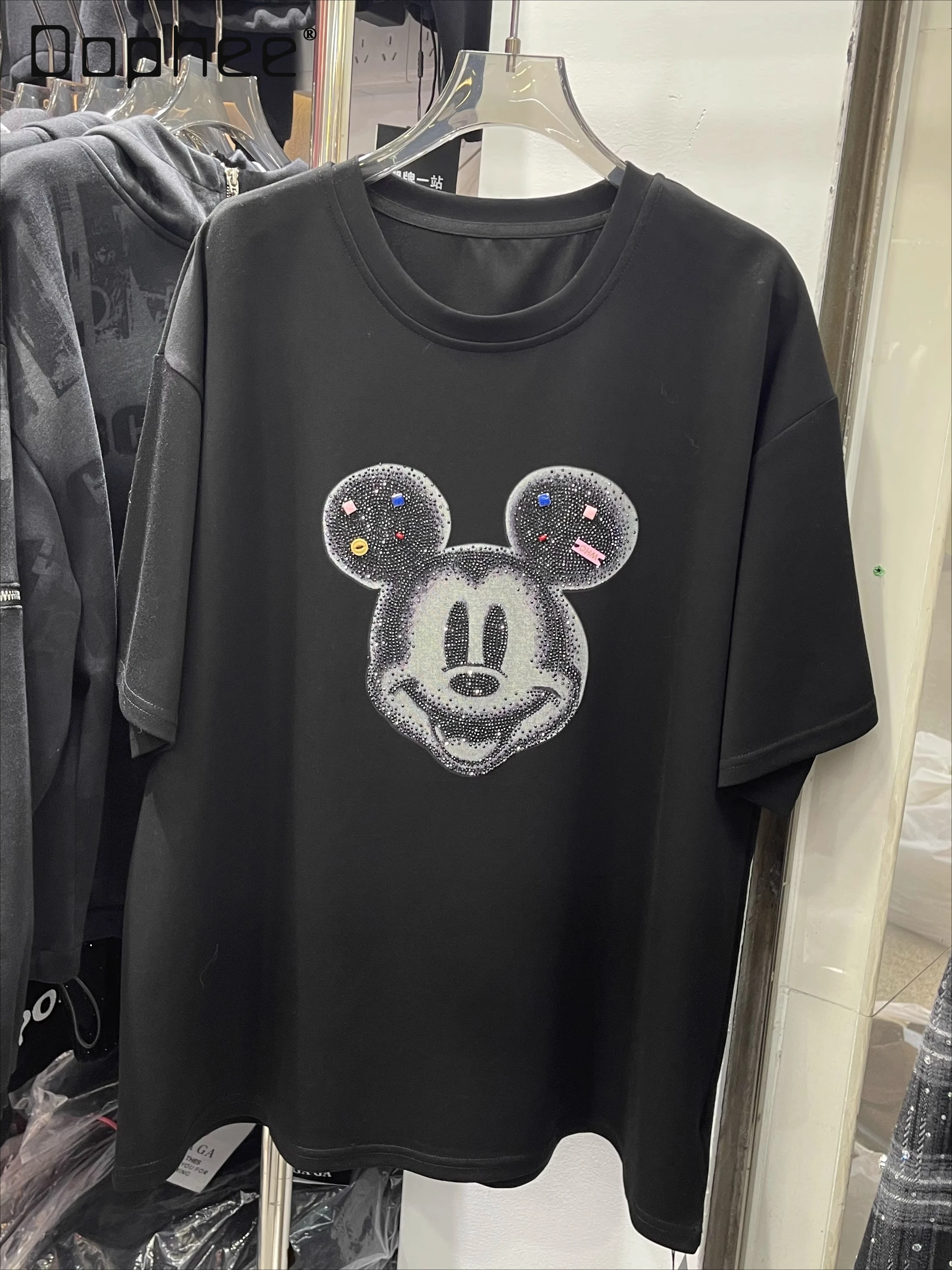 

Autumn Winter European Design Heavy Craft Rhinestone Short Sleeve T-Shirt for Women Loose Fit Thick Cartoon Top Black T-Shirt