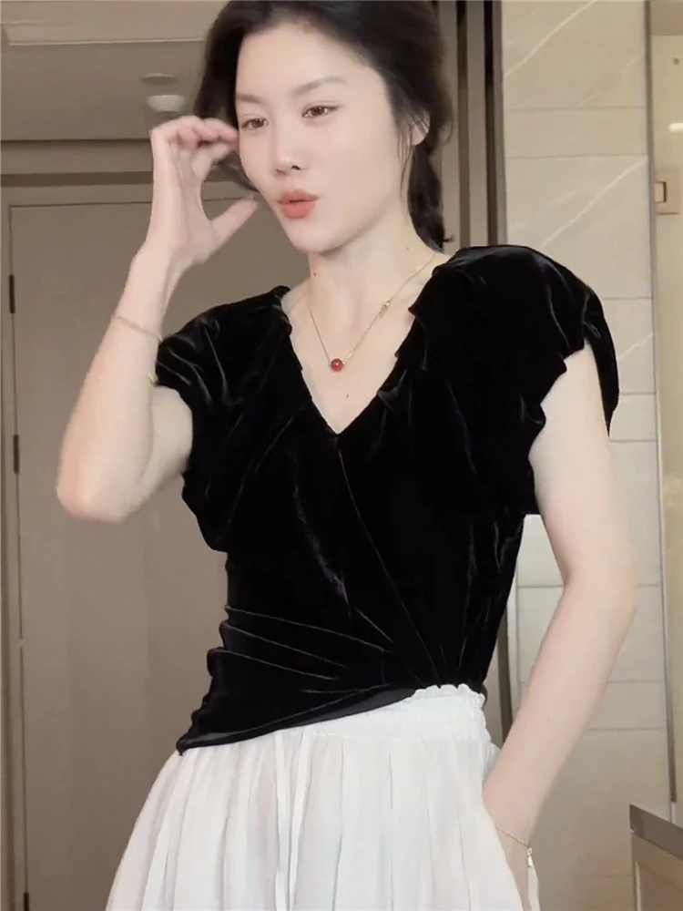 

Hebe Style Black Velvet Bubble Sleeve Shirt Women's Summer Design Sense Pleated Waist Slimming Top Korean Version Fitting