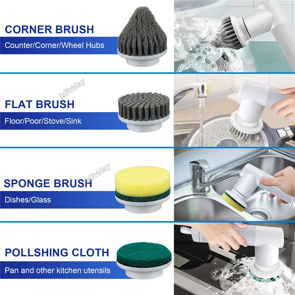 Electric Spin Scrubber Cordless Cleaning Brush with 2 Rotating Speeds & 6 Replaceable Heads for Bathroom,Kitchen,Wall,Oven,Dish