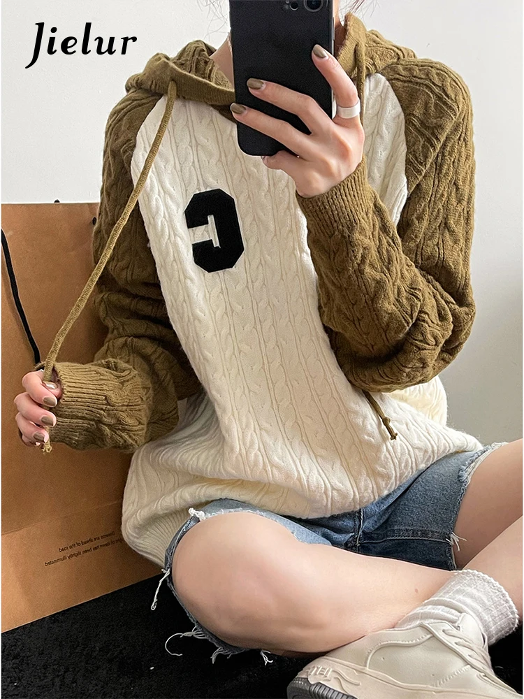 

Jielur New Hooded Twist Sweaters Women Autumn Winter Loose Fashion Korean Knit Sweater Spell Color Patchwork Letter Pullover