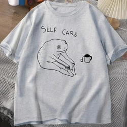 Funny Frog Self Care T-Shirt Retro Cottagecore Frog Printed Tshirt Women Men Summer Round Neck Short Sleeve Tee Shirt Streetwear