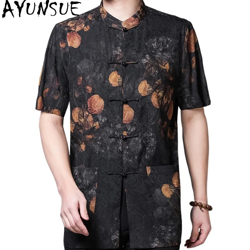 

AYUNSUE 100% Real Mulberry Silk Shirt for Men 2026 High Quality Xiangyun Satin Shirt Summer Top Fashion Short Sleeve Shirts Man