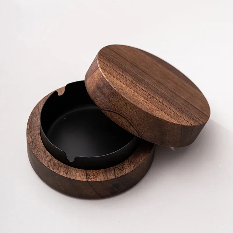 New Handmade Walnut Wood Anti-fly Ash Ashtray Portable With Cover Anti-slip Ash Tray For Home Heat Resistant Smoking accessories