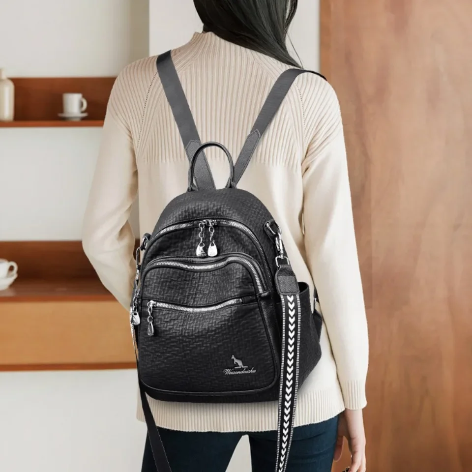 Fashion Women\'s Black Backpack Student School Bag Female Multi-functional Shoulder Bag Ladies Casual Travel Commuting Rucksack