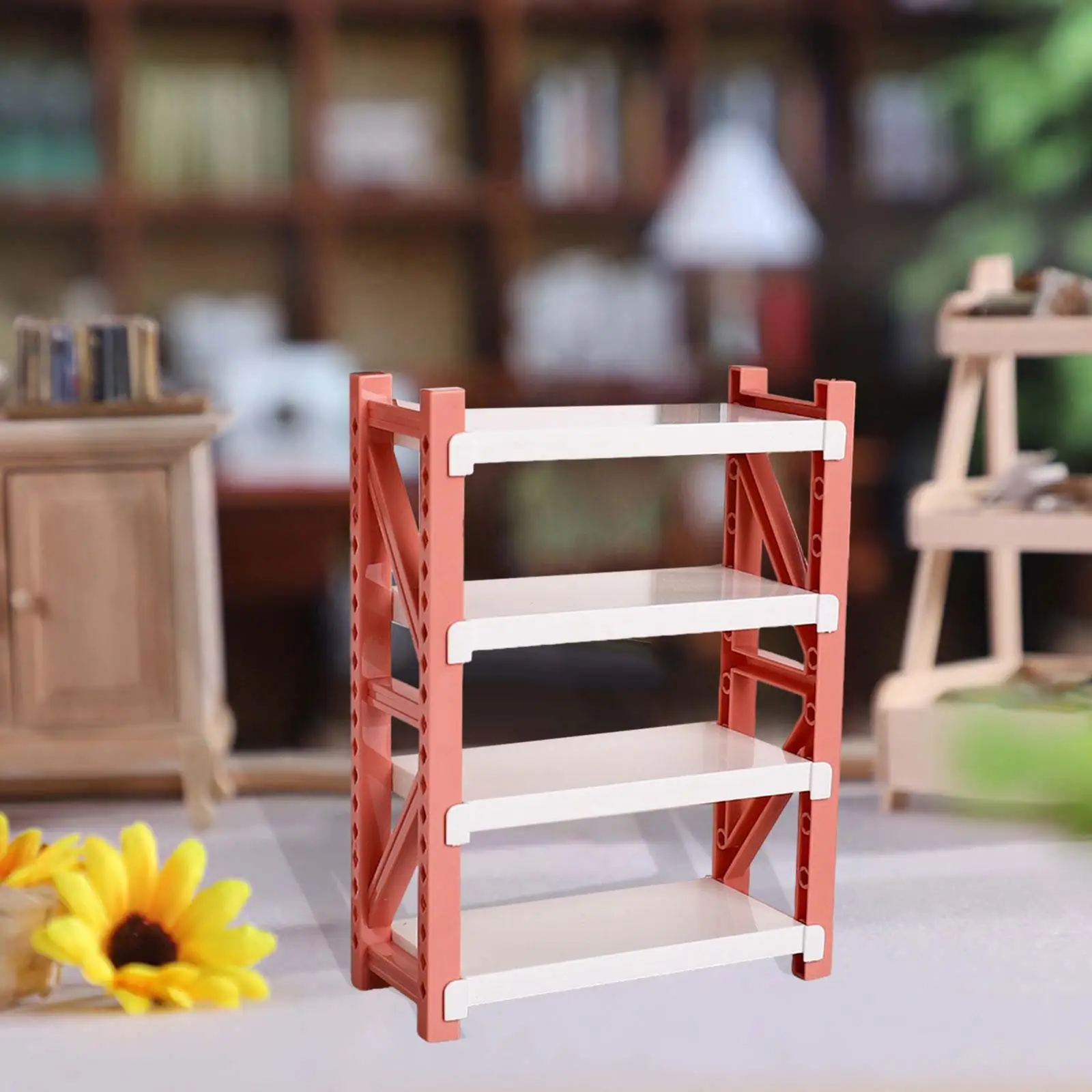 Dollhouse Miniature Storage Rack Bookcase Dollhouse Furniture 4 Tier Storage Organizer Shelves for Micro Landscape Drama Diorama
