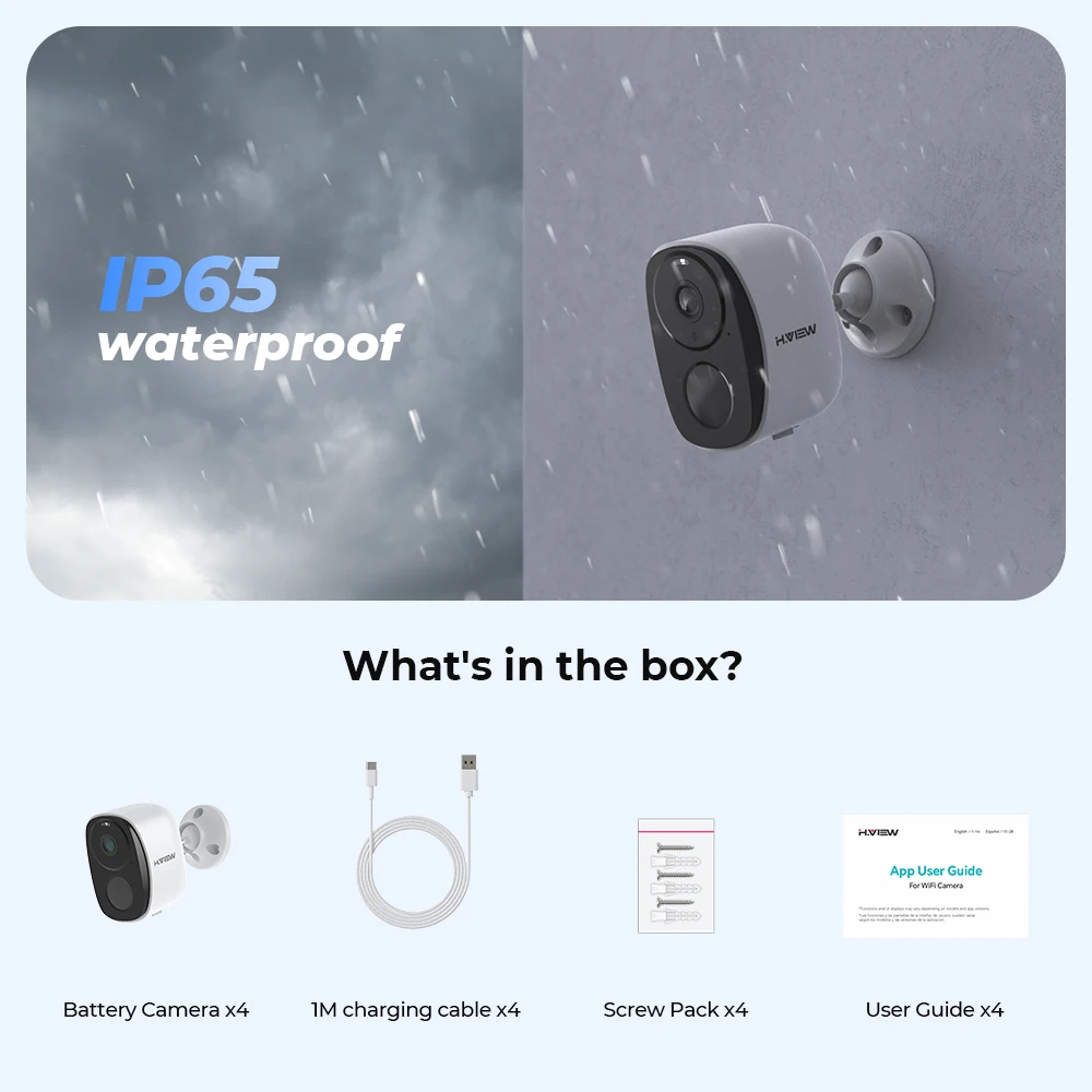 H.VIEW กล้องไร้สายแบบใช้แบตเตอรี่ PIR 4 ชิ้น กล้องรักษาความปลอดภัยไวไฟ 2K 3MP, เสียง 2 ทาง, กันน้ำ