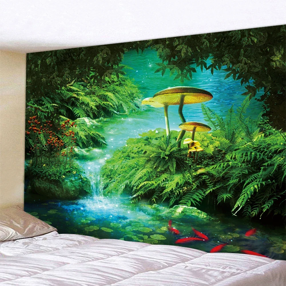 Fairytale forest psychedelic scene mushroom home decoration tapestry background cloth hippie bohemian decoration yoga mat sheet