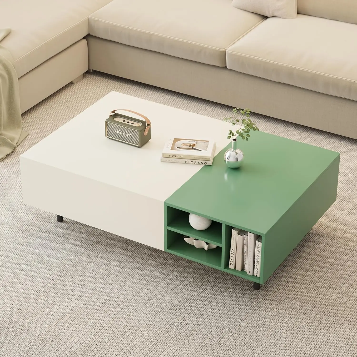 

51.18" Modern Minimalist Coffee Table With Sliding Drawers & Open Storage Shelves, Storage Coffee Table For Apartment, Living Ro