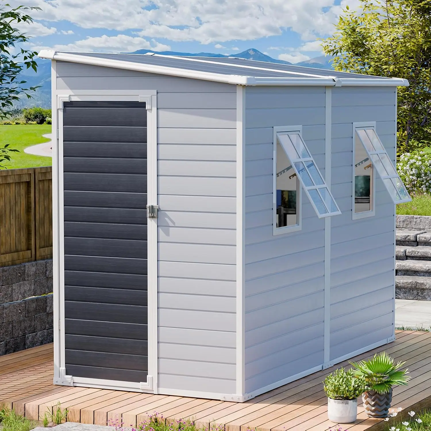

8x4 FT Resin Storage Sheds with Floor and Openable 2 Windows, Reinforced Frame Waterproof Outdoor Plastic Lean to, Customized