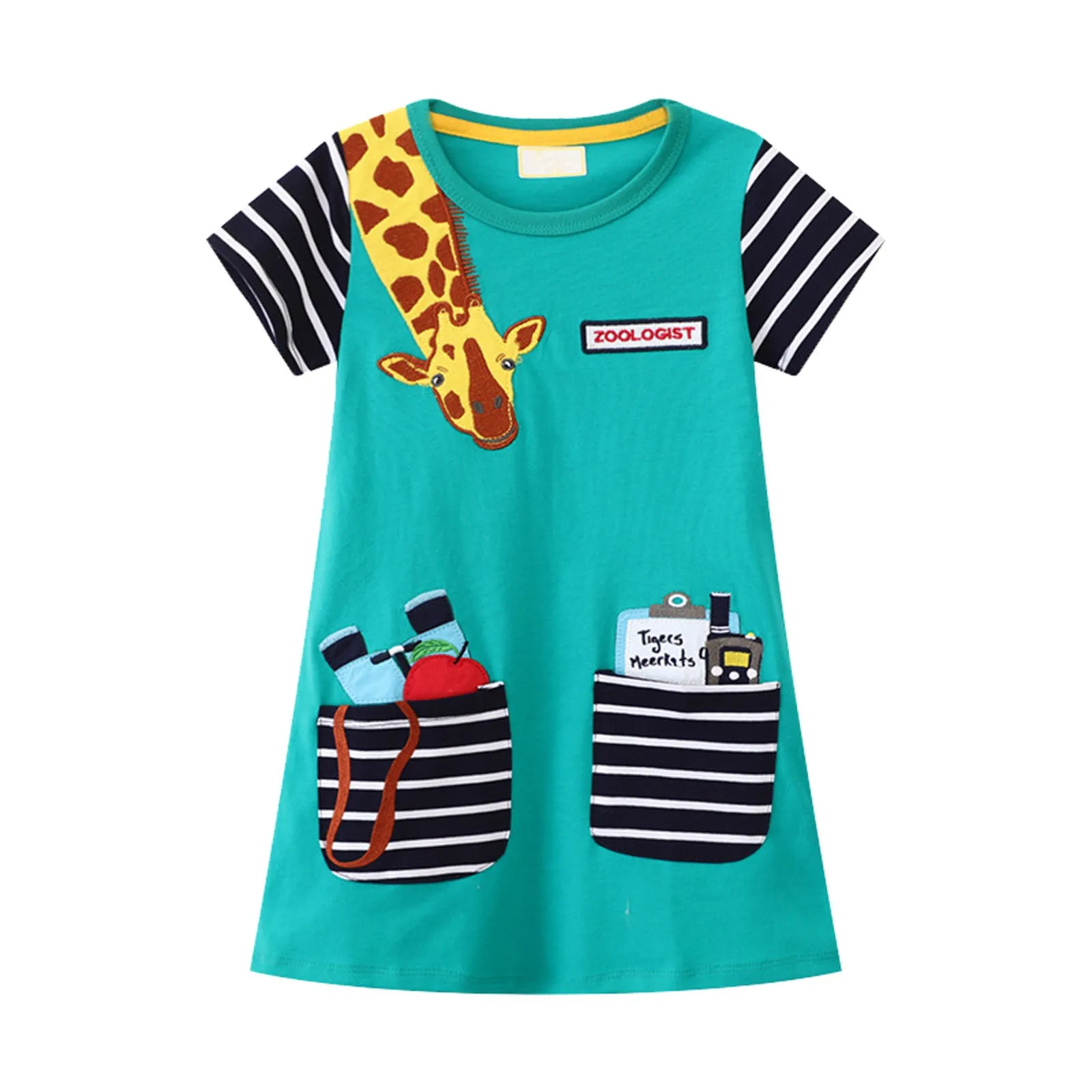 Summer Princess Girls Dresses Giraffe Embroidery Print Short Sleeve Kids Birthday Party Costume Leisure Frocks 5 6 7 8 Years