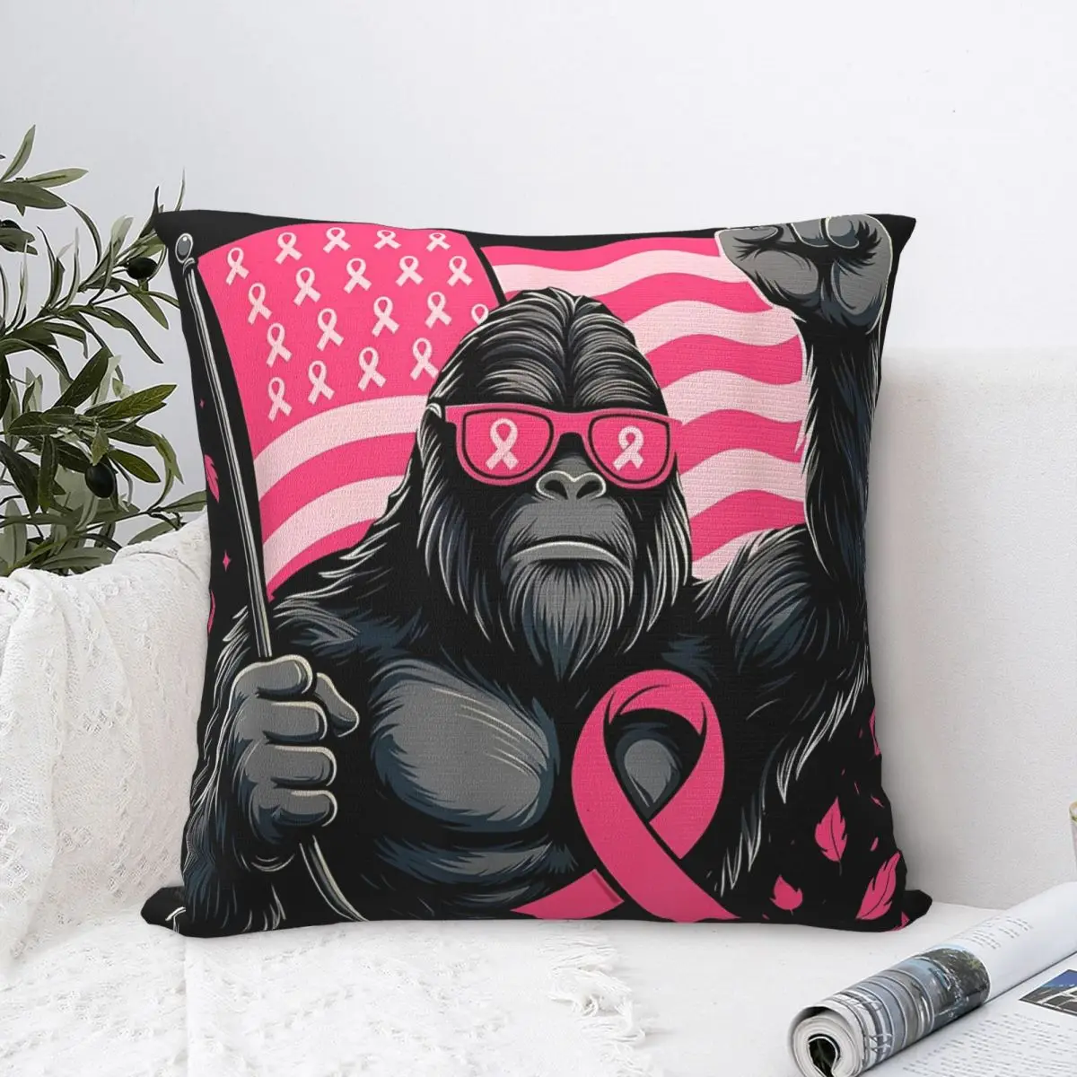 Bigfoot Pink Ribbon Breast Cancer Awareness Month Pillow Case Cushion Cover Polyester Decorative Pillowcase for Home 40x40cm